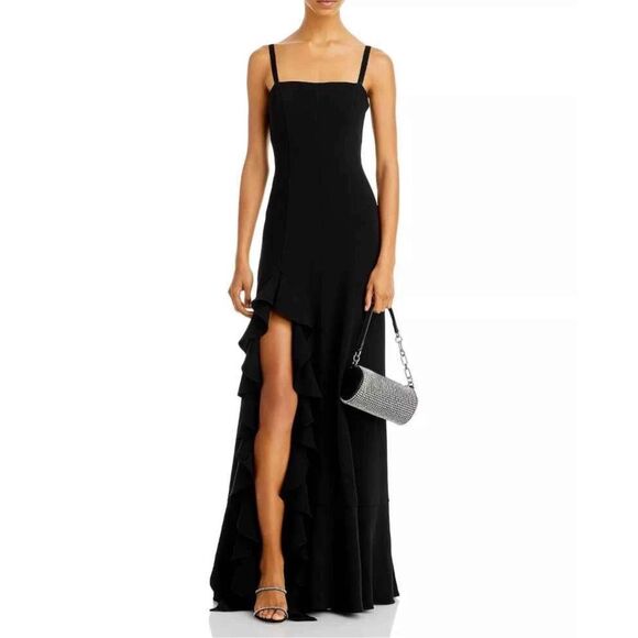 CINQ À SEPT Dilan Cascading Ruffle Slit Gown In Black Size 12 $795